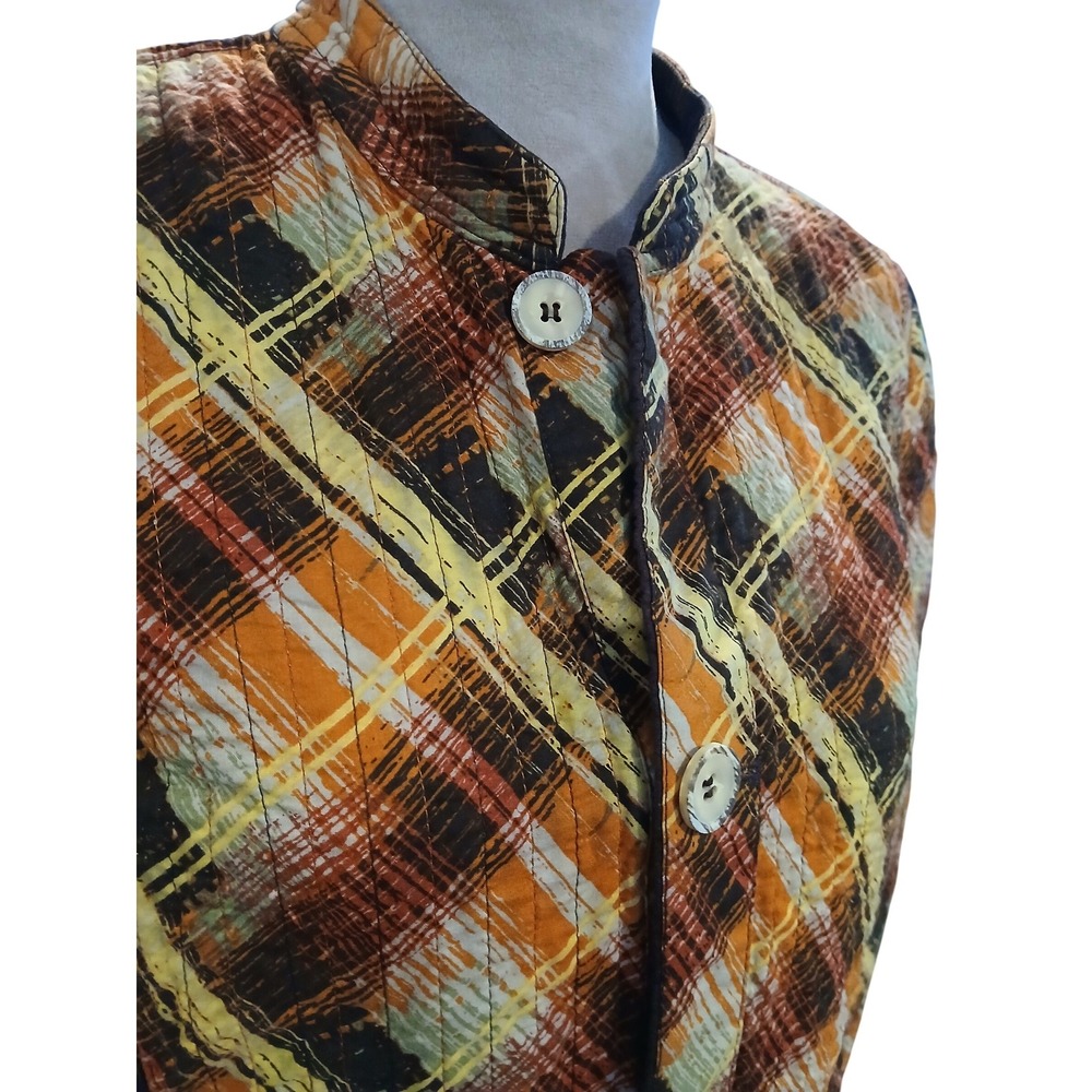 Reversible Quilted Plaid Button Front Jacket Oran… - image 2